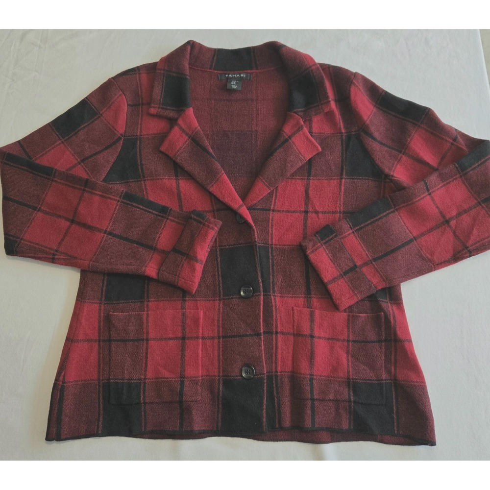 Tahari Red Black Plaid Jacket Knit Blazer Preppy Classic Heritage Women's XL